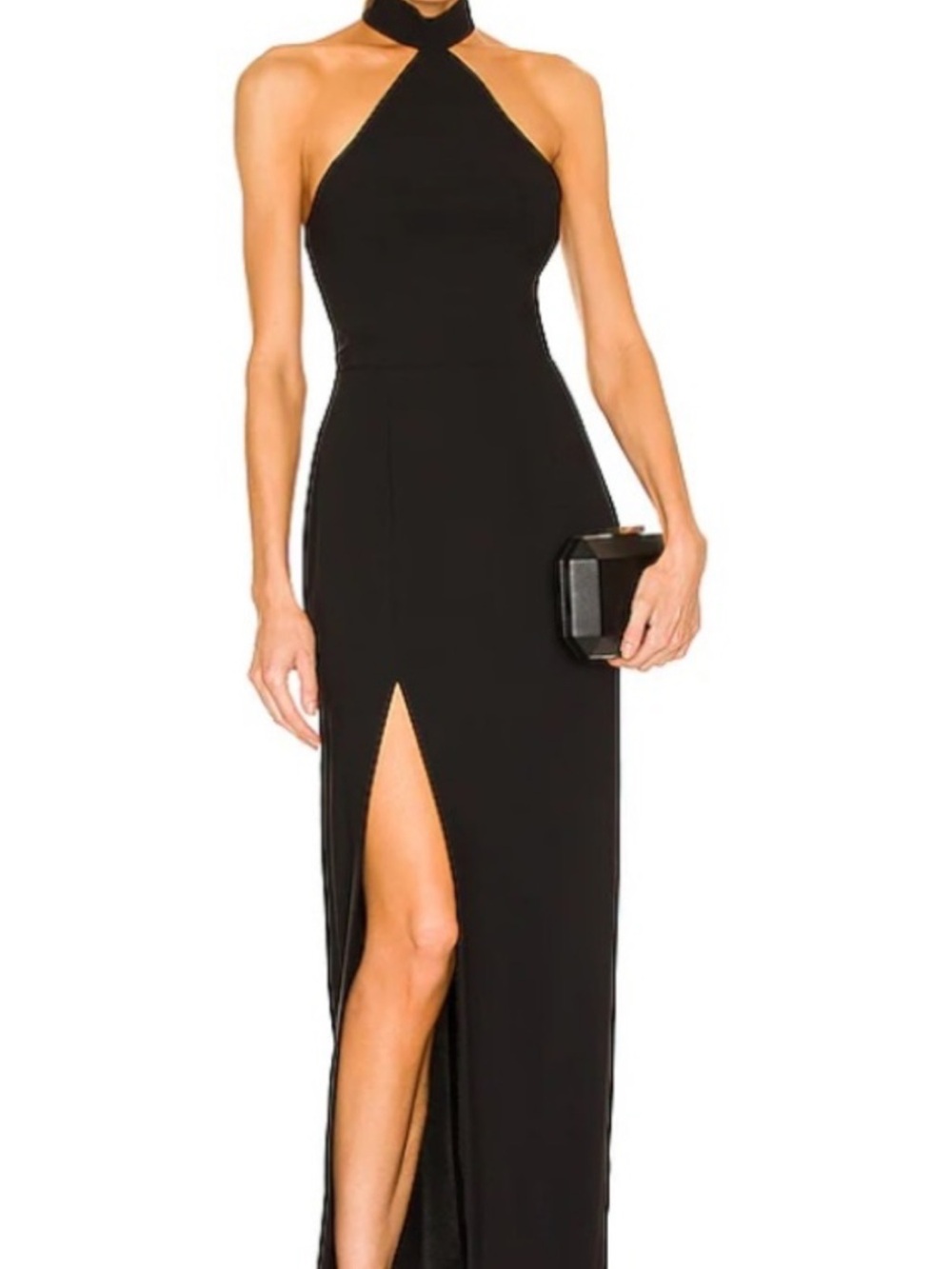 Amanda Uprichard Black Halter Maxi Dress with Front Slit